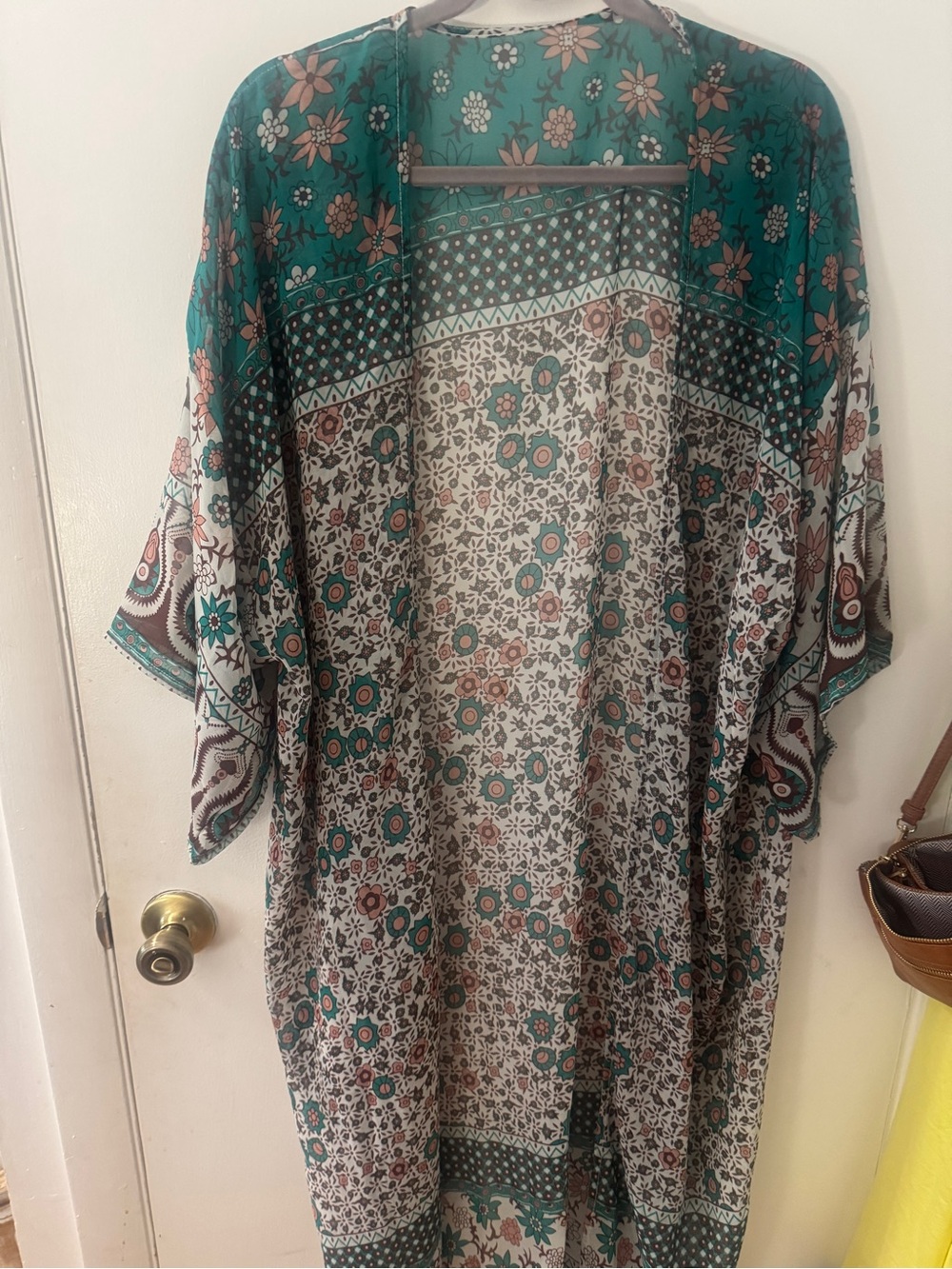 Boho Floral Kimono Cardigan in Teal & Cream